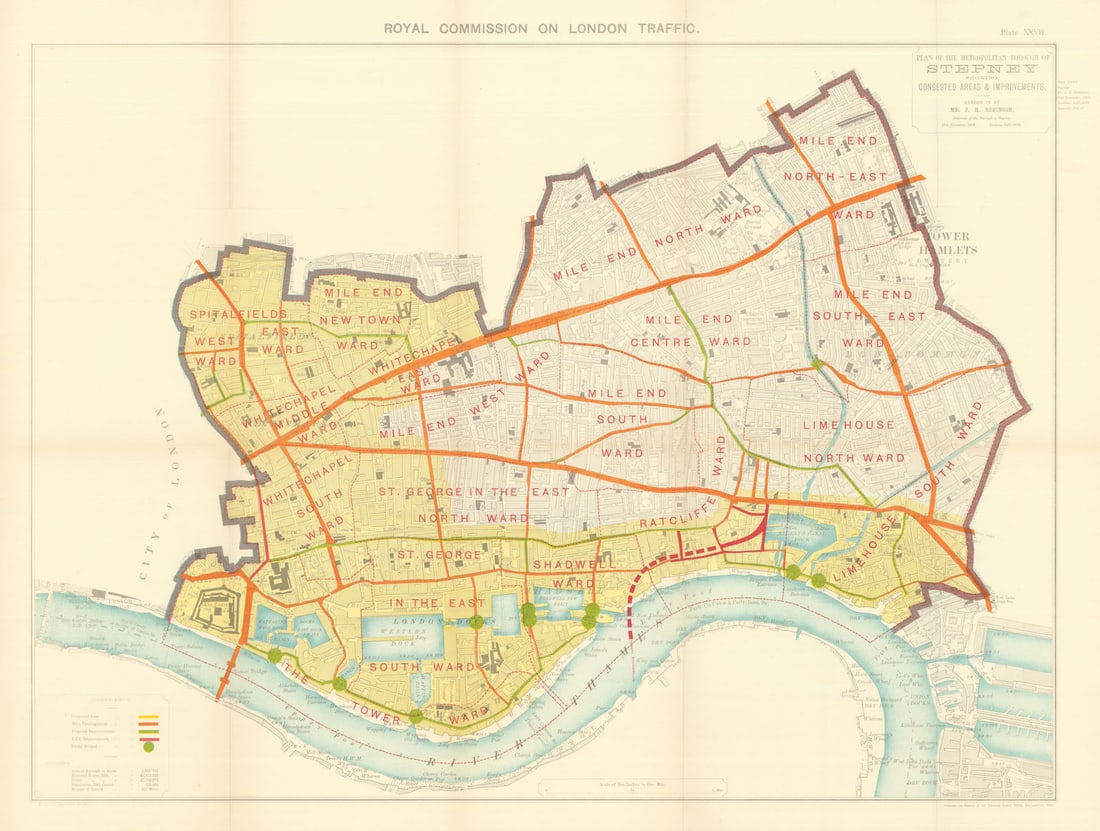 Stepney main roads, congestion, proposed improvements. Royal Commission 1906 map: Royal Commission on London Traffic. Plan of the Metropolitan Borough of Stepney showing congested areas & improvements - Handed in by Mr. J. H. Robinson, Alderman of the Borough of Stepney, 27th
