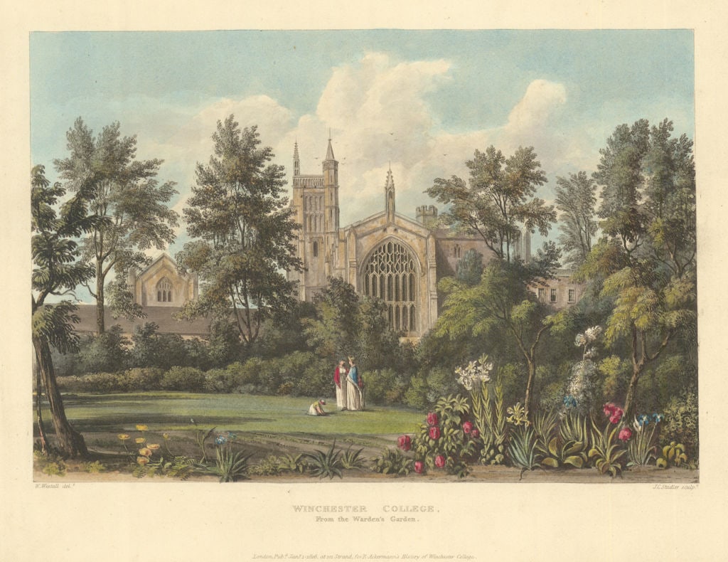 Winchester College, from the Warden's Garden. Ackermann's schools 1816 print: Winchester College, from the Warden's Garden'. Engraved by Joseph Constantine Stadler after William Westall. Published 1816. Antique aquatint (colour) print. Size 28 x 34 cm | 11.0 x 13.5 inches. Cond