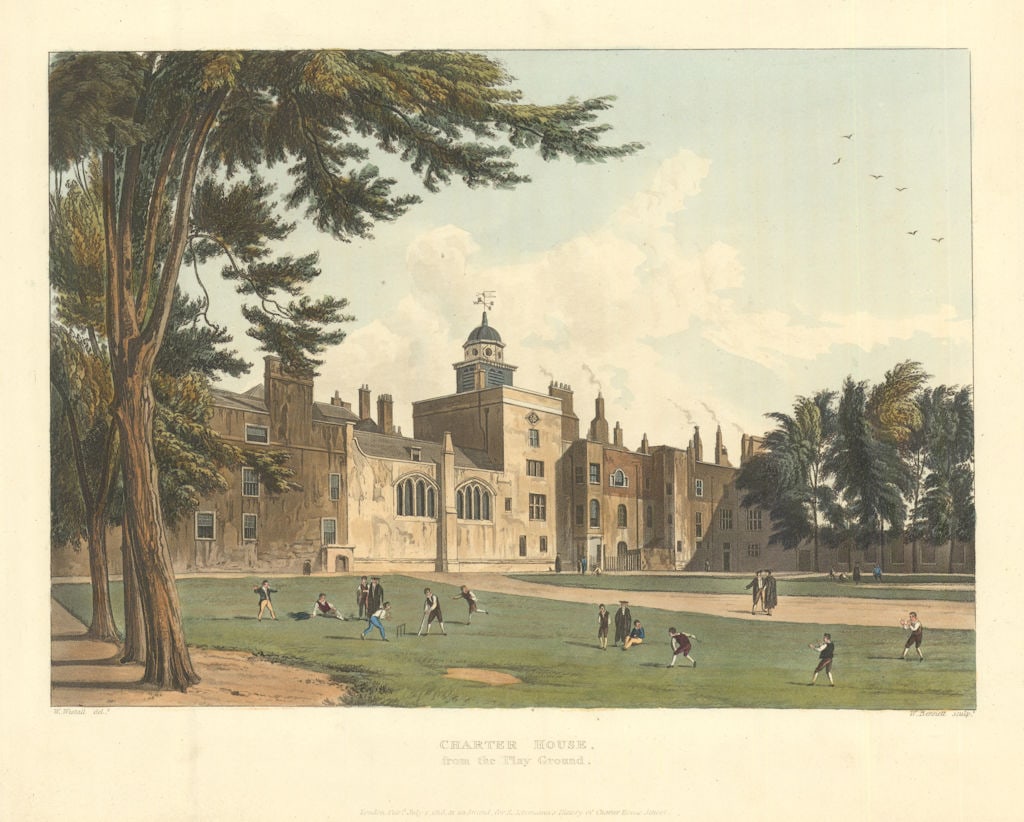 Charter House from the playground. Charterhouse School. Ackermann's schools 1816: Charter House, from the playground'. Engraved by William James Bennett after William Westall. Published 1816. Antique aquatint (colour) print. Size 28 x 34 cm | 11.0 x 13.5 inches. Condition: Good; su
