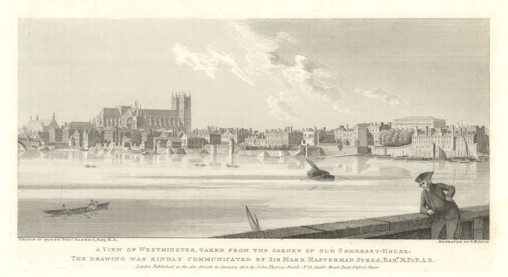 Westminster from the garden of Old Somerset House in 1754 by Thomas Sandby 1808: A View of Westminster, taken from the garden of Old Somerset House'. Drawn in 1754 by Thomas Sandby Esq. Engraved by S. Rawle. Jan. 11, 1808.. Published Drawn in 1754. Engraved Jan. 11, 1808. Antique 