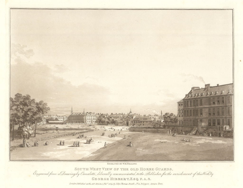Southwest view of the Old Horse Guards, Whitehall. Aquatint after Canaletto 1809: South-West view of the Old Horse Guards'. Engraved from a drawing by Canaletto. Engraved by T.M. Fellows. From a pen and wash drawing in the British Museum. Published Published 1 February 1809. Antiqu