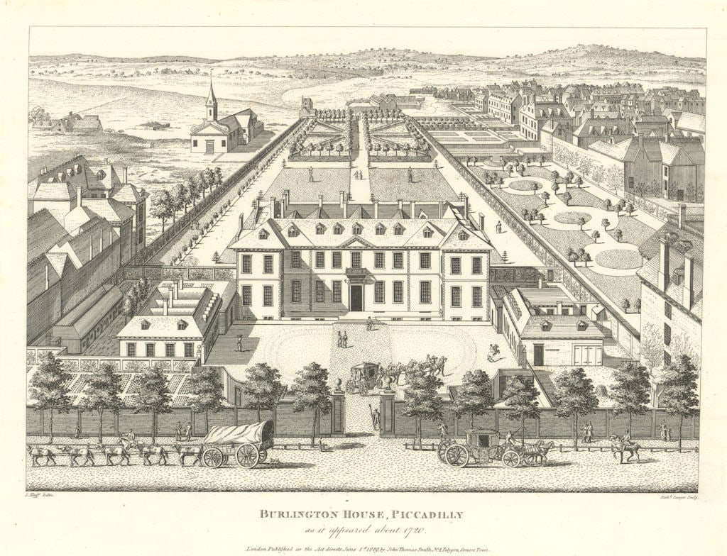 Burlington House, Piccadilly, as it appeared about 1720, by Richard Sawyer 1809: Burlington House, Piccadilly, as it appeared about 1720'. L. Knyff delin. Richard Sawyer sculp.. Published Published June 11, 1809. Antique engraving. Size 23 x 30 cm | 9.0 x 11.5 inches. Condition: G