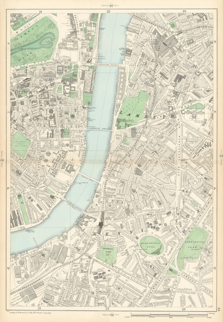 WESTMINSTER Lambeth Kennington Waterloo Vauxhall Oval Pimlico Lambeth 1900 map: Sheet 53 from Bacon's 1900 London street atlas covering part of South West London including Westminster, Lambeth, Kennington, Waterloo, Vauxhall, Oval, Pimlico, South Lambeth' by Bacon, George Washing