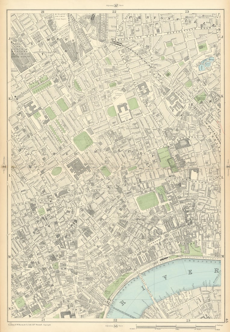 BLOOMSBURY Charing/King's Cross Covent Garden Soho Holborn Clerkenwell 1900 map: Sheet 45 from Bacon's 1900 London street atlas covering part of Central London including King's Cross, Pentonville, Bloomsbury, Charing Cross, Somers Town, Covent Garden, Soho, Holborn, Clerkenwell, W