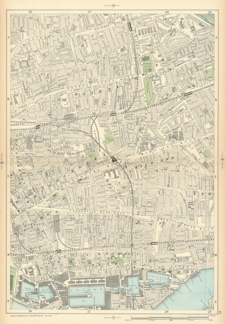 BETHNAL GREEN WHITECHAPEL Mile End Shadwell Wapping Stepney Shoreditch 1900 map: Sheet 47 from Bacon's 1900 London street atlas covering part of East London including Bethnal Green, Whitechapel, Mile End, Shadwell, Wapping, Stepney, Shoreditch' by Bacon, George Washington & Co. Pu