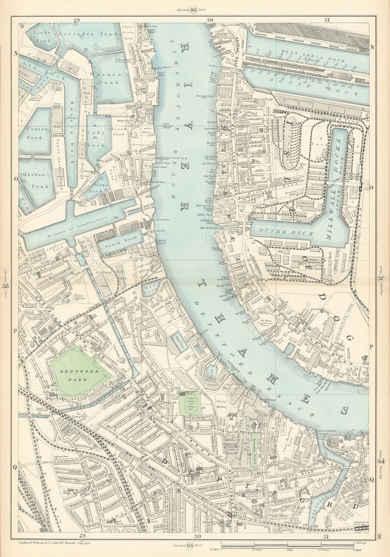 MILLWALL DEPTFORD Surrey & West India Docks Isle of Dogs Canary Wharf 1900 map: Sheet 56 from Bacon's 1900 London street atlas covering part of South East London including Millwall, Deptford, Surrey Commercial Docks, Isle of Dogs, Canary Wharf, Crossharbour, Mudchute, Heron Quays