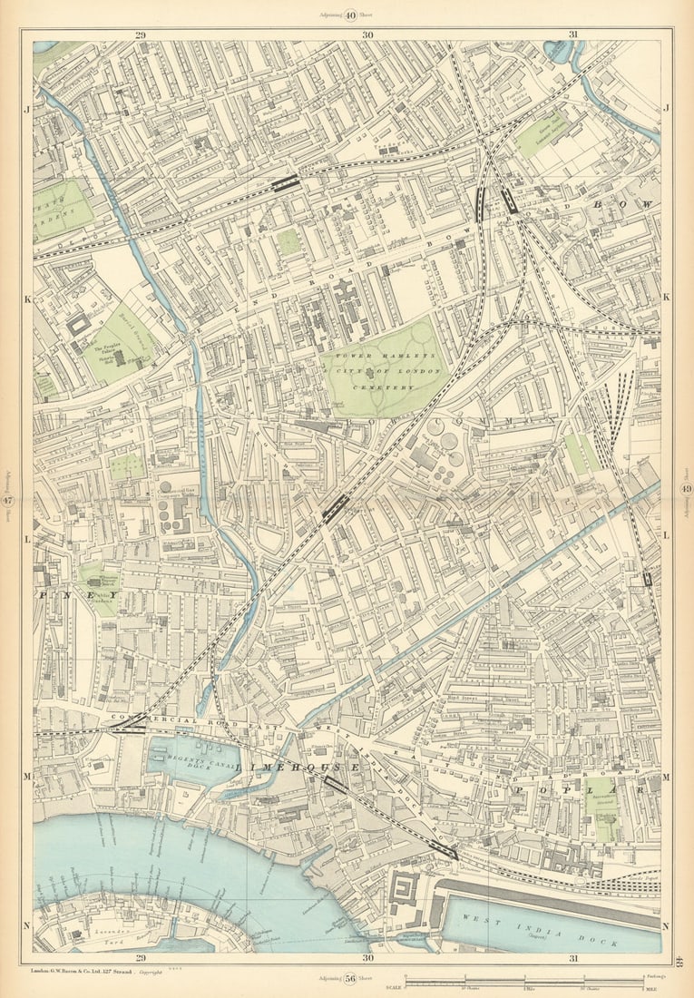 TOWER HAMLETS Bow Poplar Stepney Limehouse Mile End Bromley 1900 old map: Sheet 48 from Bacon's 1900 London street atlas covering part of East London including Bow, Poplar, Stepney, Limehouse, Mile End, Bromley' by Bacon, George Washington & Co. Published 1900. Antique colo