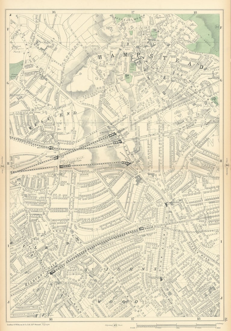 West HAMPSTEAD St. John's Wood Swiss Cottage Kilburn Finchley Road 1900 map: Sheet 35 from Bacon's 1900 London street atlas covering part of North London including Hampstead, St. John's Wood, Swiss Cottage, Kilburn, West Hampstead, Finchley Road' by Bacon, George Washington &