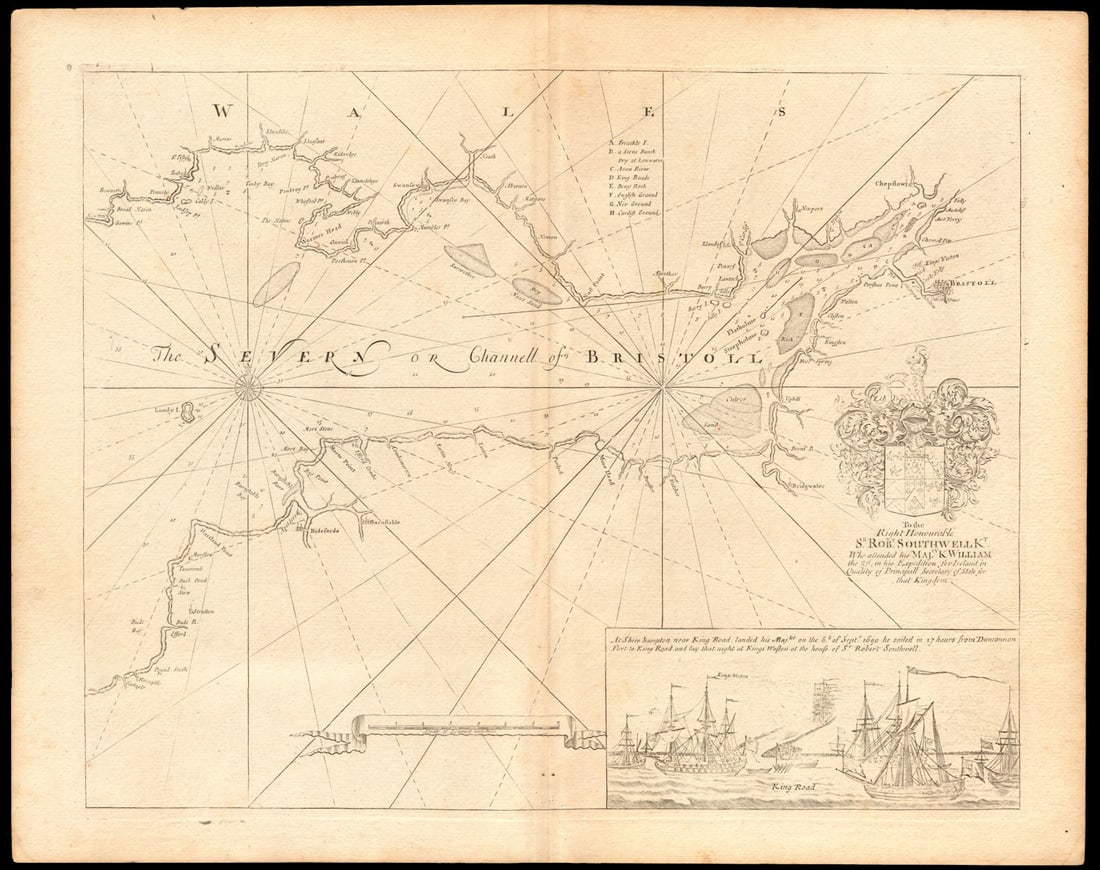 The Severn or Channell of Bristoll' sea/estuary chart by Capt COLLINS c1774 map: The Severn or Channell of Bristoll - To the Right Honourable Sr. Robt. Southwell Kt. Who attended his Majty. K. William the 3d in his Expedition for Ireland in Quality of Principall Secretary of