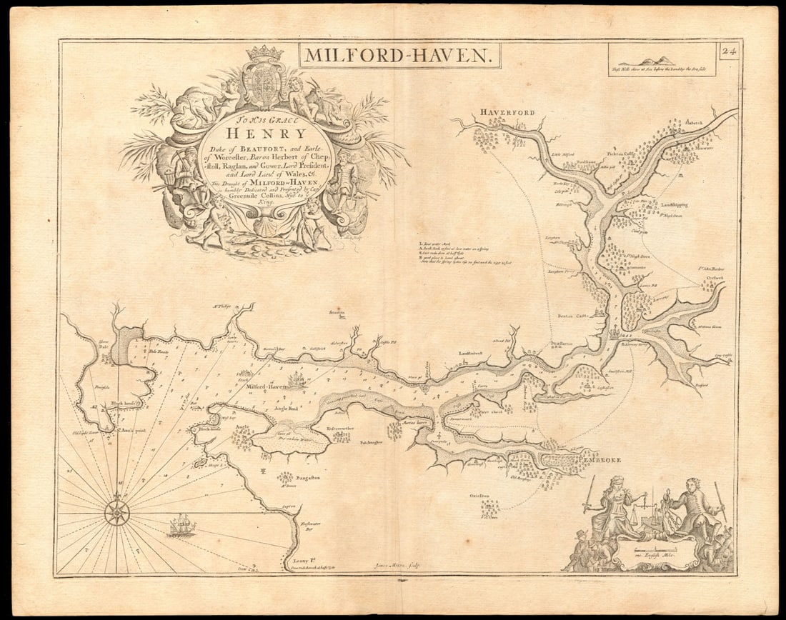 Milford Haven' sea chart. Haverfordwest Pembroke Daugleddau. COLLINS c1774 map: Milford Haven - To His Grace Henry Duke of Beaufort, and Earle of Worcester, Baron Herbert of Chepstoll, Raglan and Gower, Lord President and Lord Lieut. of Wales &c. This draught of