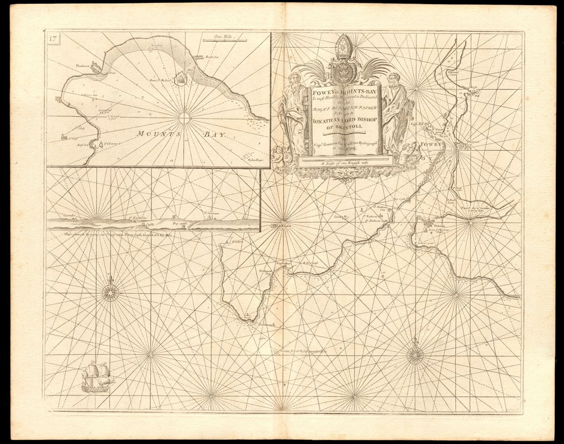 FOWEY & MOUNTS BAY' sea chart. Polruan Bodinnick Penzance. COLLINS c1774 map: Fowey & Mounts-Bay - Is Most Humbly Presented And Dedicates to the Right Reverend Father in God Jonathan Lord Bishop of Bristoll, by Capt. Greenvile Collins, Hydrographr. To the King'. The chart