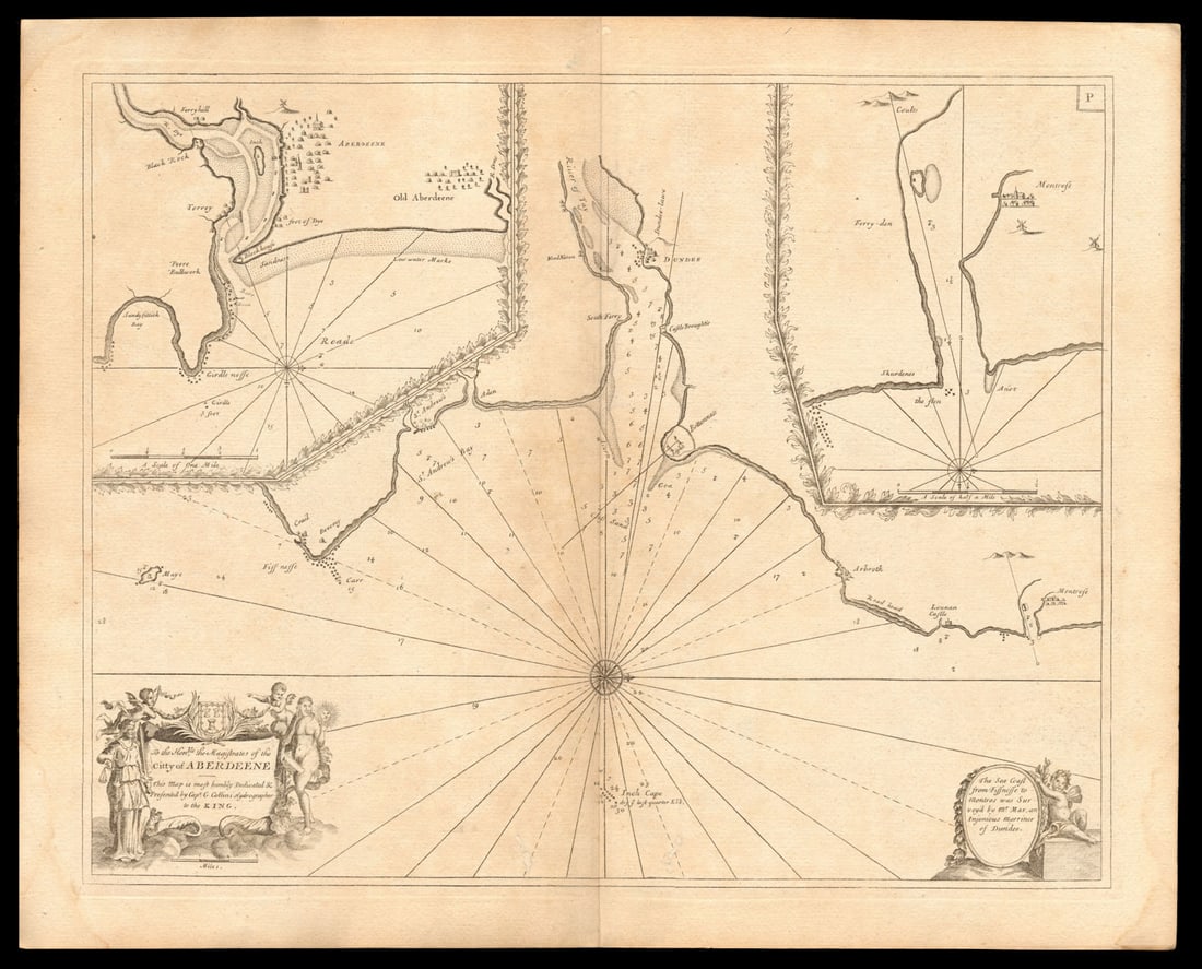 Approaches to ABERDEEN, DUNDEE & MONTROSE sea chart. Tay. COLLINS c1774 map: City of Aberdeene - To the Honble. The Magistrates of the Citty of Aberdeene. This map is most humbly dedicated & presented by Capt. G. Collins Hydrographer to the King'. This decorative