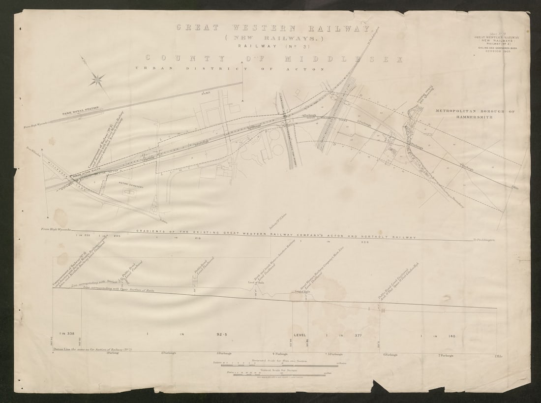 Central Line underground tube plan. Hanger Lane-North Acton-East Acton 1905 map (1 of 1)