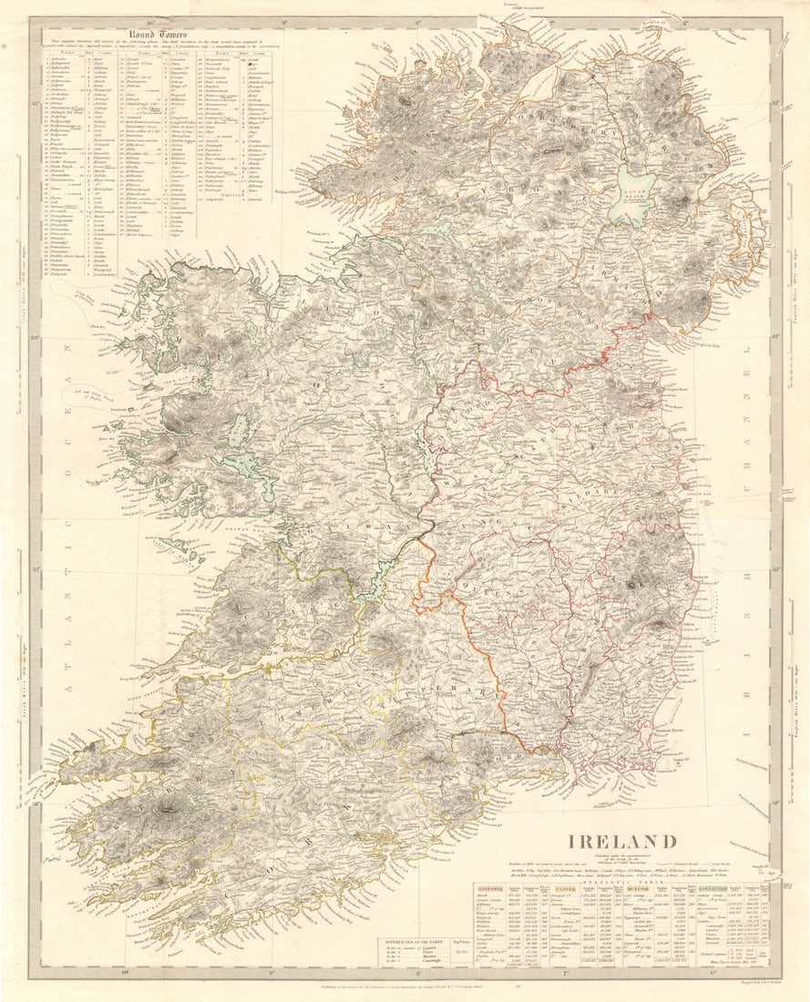 IRELAND on 2 sheets conjoined 50x62cm. Round towers Cloigthithe. SDUK 1845 map: IRELAND' by S.D.U.K. - Society for the Diffusion of Useful Knowledge. Published 1845. Antique steel engraved map with original outline hand colouring, two sheets conjoined. Size 62 x 50 cm | 24.0 x 19