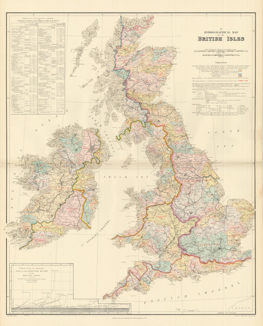 British Isles hydrographical. Watersheds River drainage basins STANFORD 1904 map: A Hydrographical map of the British Isles'. Stanford's Geographical Establishment. Published 1904. Large (folio) antique atlas map. Size 68 x 55 cm | 26.5 x 21.5 inches. Condition: Good; suitable for 