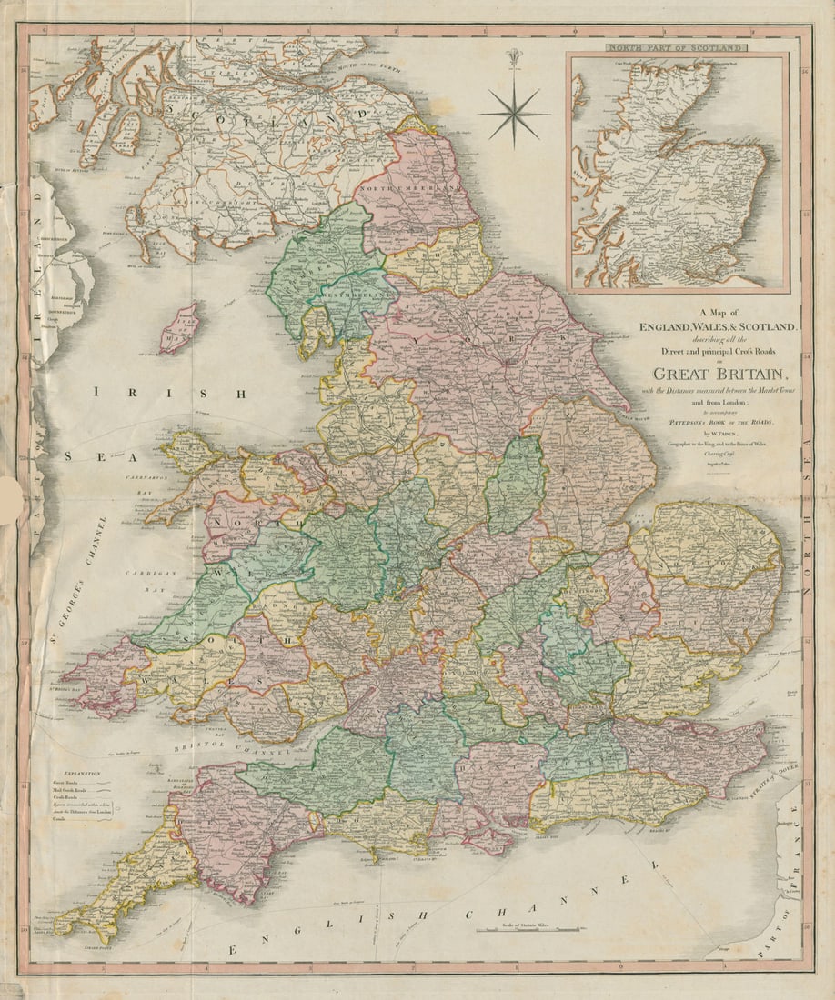 A map of England, Wales & Scotland describing… the cross roads. FADEN 1801: A map of England, Wales & Scotland describing all the direct and principal cross roads in Great Britain with the distances measured between the Market Towns and from London; to accompany Paterson'