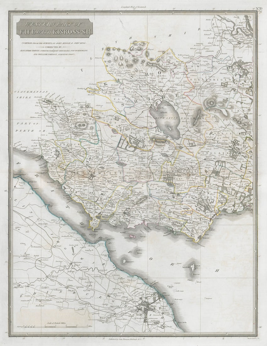 Western Fife & Kinross-shire. Dunfermline Kirkcaldy Falkland. THOMSON 1832 map: Western part of Fife with Kinross-sh.'. Places named on the map include: Dunfermline, Kirkcaldy, Kinross, Falkland . Published by John Thomson. Engraved by E Butterworth. Compiled from the surveys of 
