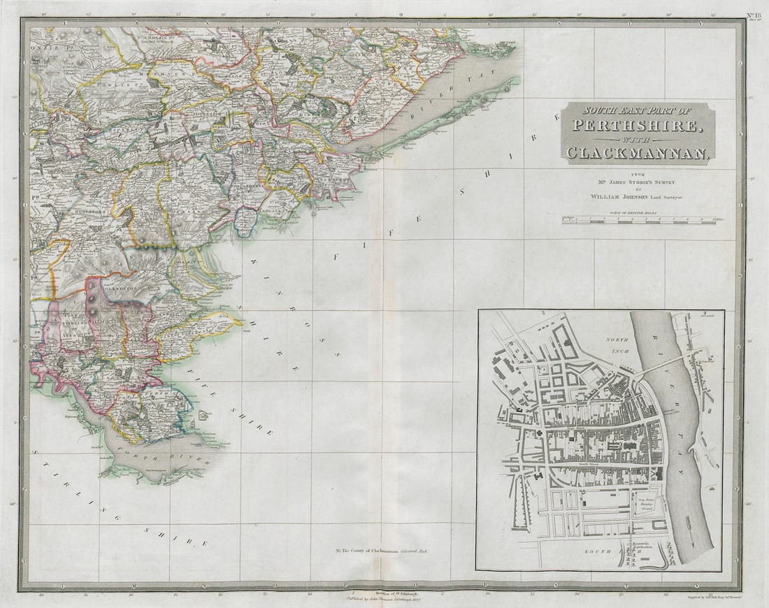 South east Perthshire & Clackmannanshire. Dundee Gleneagles. THOMSON 1832 map: South East part of Perthshire with Clackmannan // [Perth town plan]. Places named on the map include: Perth, Alloa, Scone, Dundee, Crieff, Gleneagles. The following places marked on the map have given