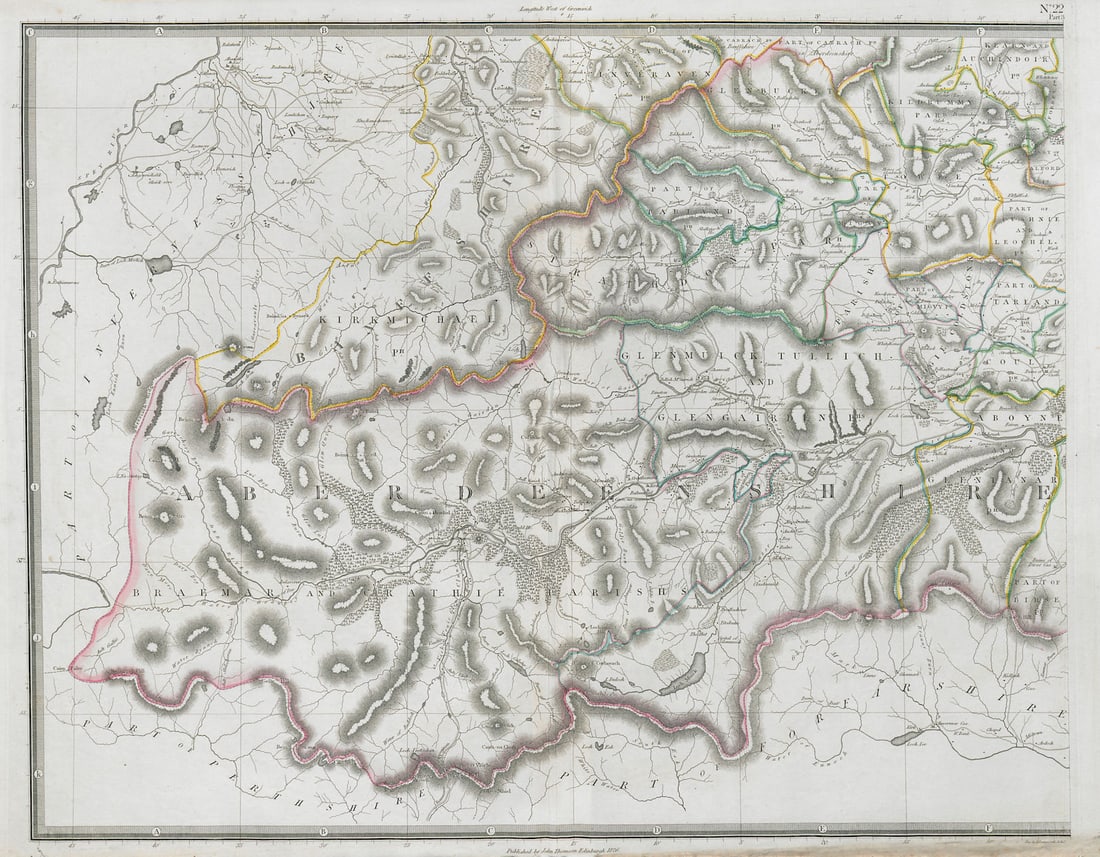 Aberdeen & Banffshires south-west. Ballater Cairngorms Braemar. THOMSON 1832 map: Southern part of Aberdeen & Banff-shrs. [West sheet] [Aberdeenshire & Banffshire]. Places named on the map include: Ballater, Cairngorms, Braemar . Published by John Thomson. Engraved by E