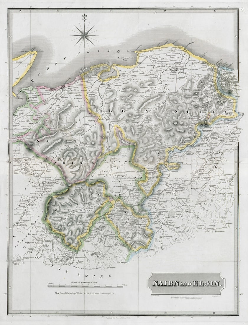 Nairn & Elgin. Morayshire. Speyside. Grantown Dufftown Forres. THOMSON 1832 map: Nairn and Elgin'. Places named on the map include: Elgin, Forres, Nairn. The following towns and villages marked on the map have given their name to Speyside Whisky distilleries: Miltonduff, Glenlossi