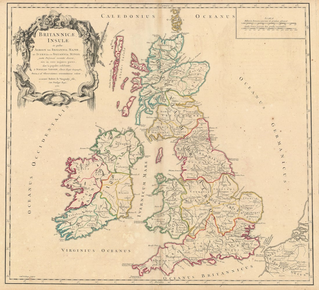 Britannicae, Insulae in quibus Albion… British Isles. VAUGONDY 1750 old map: Britannicae, Insulae in quibus Albion Seu Britannia Major, et Ivernia seu Britannia Minor juxta Ptolemaei mentem divisae tùm in suas majores partes, tùm in populos exhibentur, à Nicolao