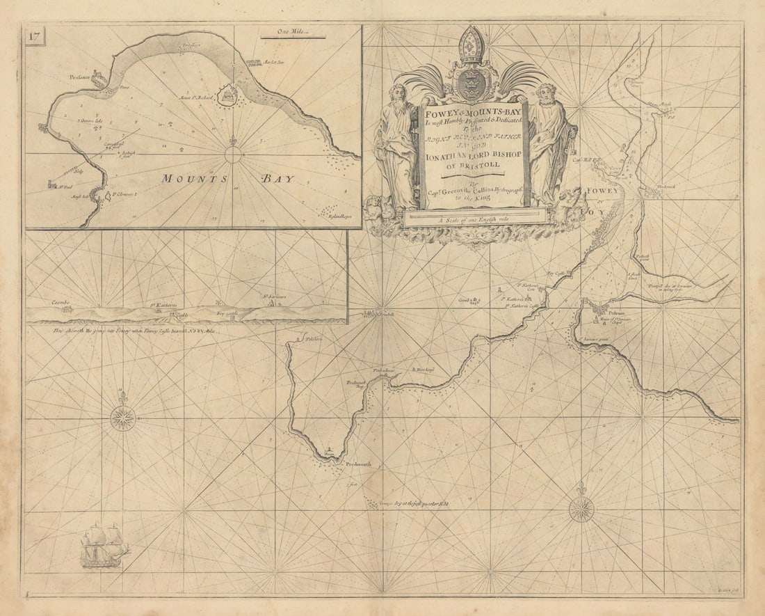 FOWEY & MOUNTS BAY sea chart. Polruan Bodinnick Penzance. COLLINS 1723 old map: Fowey & Mounts Bay - Is most humbly presented and dedicated to the Right Reverend Father in God Jonathan Lord Bishop of Bristoll, by Capt. Greenvile Collins, Hydrographr. To the King'. The chart