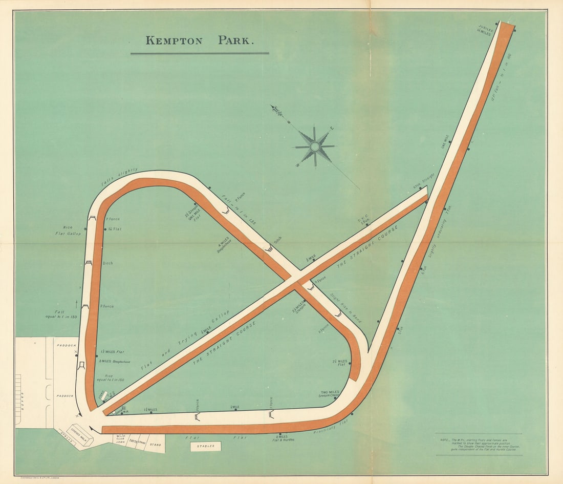 Kempton Park racecourse, Surrey. BAYLES 1903 old antique map plan chart: Kempton Park'. F.H. Bayles, printed by Southwood Smith & Co. Ltd., London. Published 1903. Decorative chromolithographic antique race course map. Size 60 x 70 cm | 23.5 x 27.5 inches. Condition: Good;