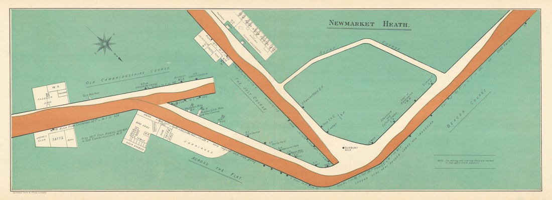 Newmarket Heath racecourse, Suffolk. BAYLES 1903 old antique map plan chart: Newmarket Heath'. F.H. Bayles, printed by Southwood Smith & Co. Ltd., London. Published 1903. Decorative chromolithographic antique race course map. Size 29 x 80 cm | 11.0 x 31.5 inches. Condition: Go