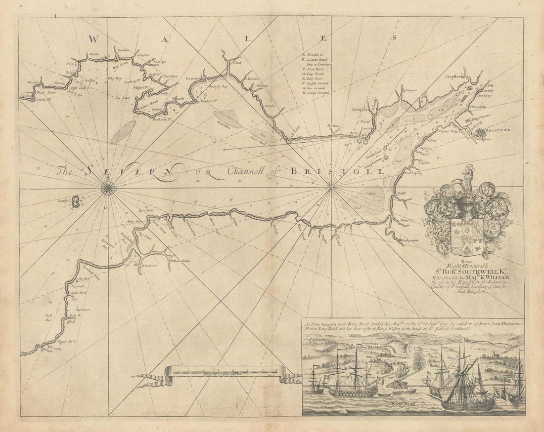The Severn or Channell of Bristoll sea/estuary chart by Capt COLLINS 1723 map: [The Severn or Channell of Bristoll] To the Right Honourable Sr. Robt. Southwell Kt. Who attended his Majty. K. William the 3d in his Expedition for Ireland in Quality of Principall Secretary of