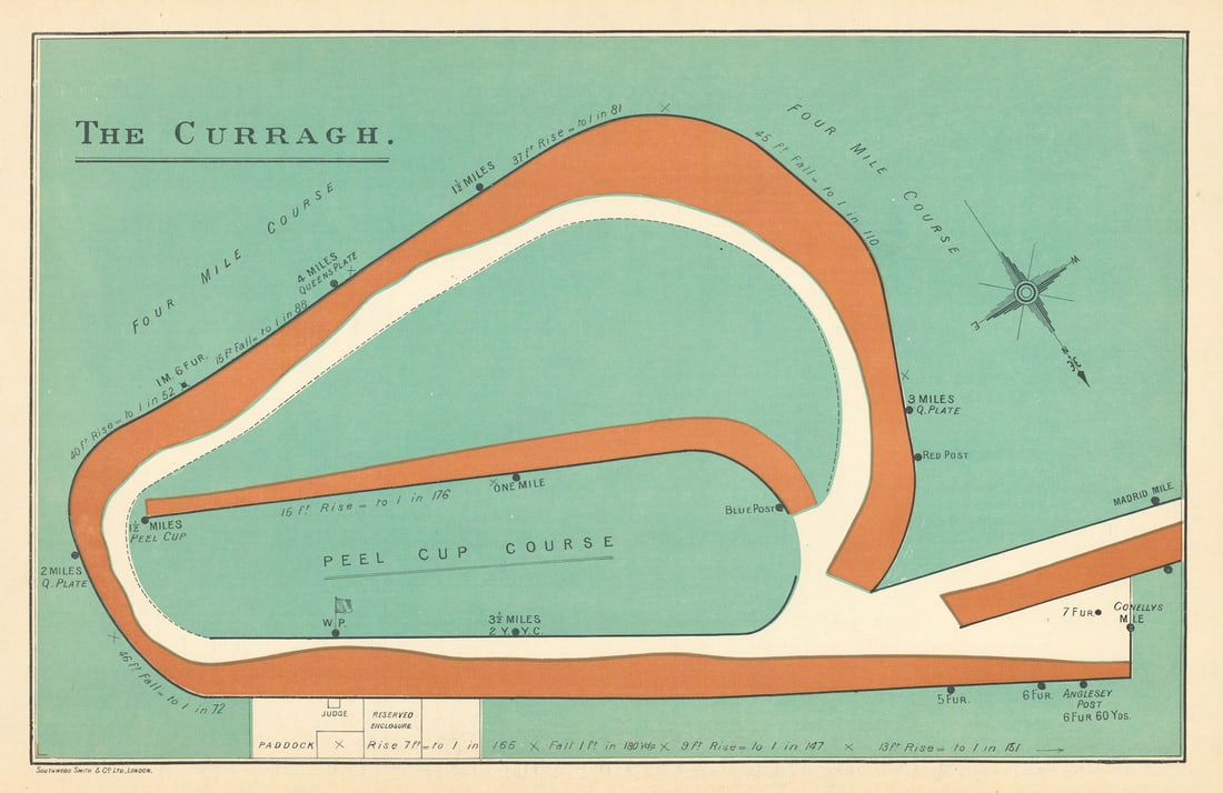 The Curragh racecourse, Ireland. Peel Cup course. BAYLES 1903 old antique map: The Curragh'. F.H. Bayles, printed by Southwood Smith & Co. Ltd., London. Published 1903. Decorative chromolithographic antique race course map. Size 28 x 43 cm | 11.0 x 17.0 inches. Condition: Good; 