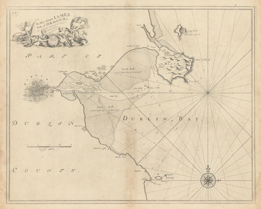 DUBLIN BAY sea chart. Howth Head Dalkey Clontarf Merrion. COLLINS 1723 old map (1 of 1)