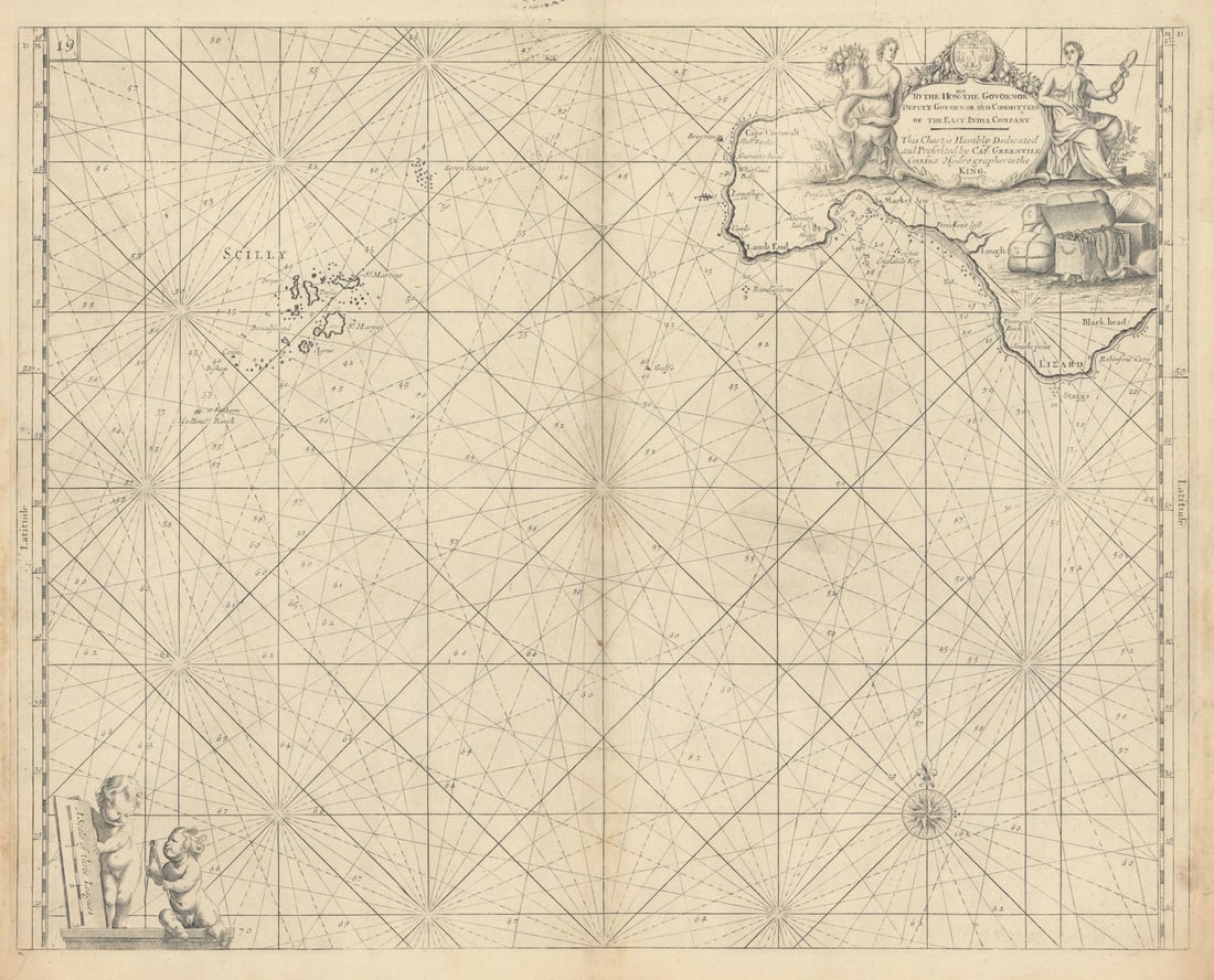 LAND'S END & THE SCILLY ISLES sea chart. Lizard & Penzance. COLLINS 1723 map: [Land's End and Scilly Isles] To the Honble. The Govornor, Deputy Govornor and Committees of the East India Company, this chart is humbly dedicated and presented by Capt. Greenvile Collins Hydrographe
