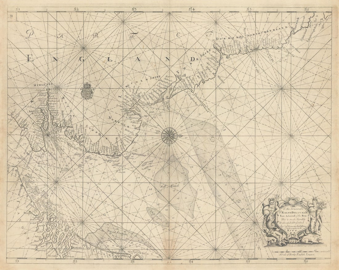 NORTH SEA coast chart. East coast of England Holland Flanders. COLLINS 1723 map: [The East coast of England and the North Sea] - To the Honourable Sr. Ralph de la Val Kt. Vice Admirall of the Red this is most humbly dedicated and presented by Capt. Greenvile Collins, Hydrographer 