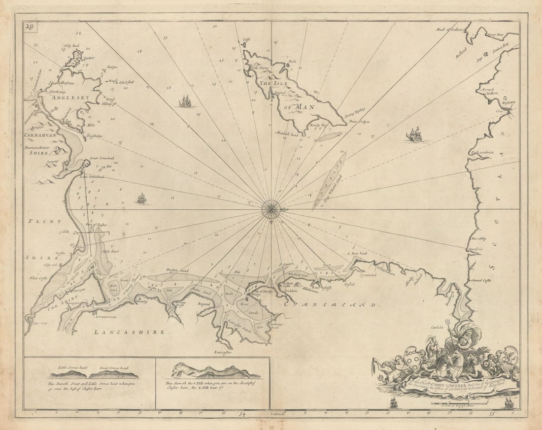 IRISH SEA chart. Lancashire Cumbria North Wales Isle of Man. COLLINS 1723 map: [Irish Sea] - To the Honble Sr John Lowther Bart. One of the commissioners for executing the Office of Lord High Admirall of England 1689. This fascinating map shows the northern part of the Irish Sea
