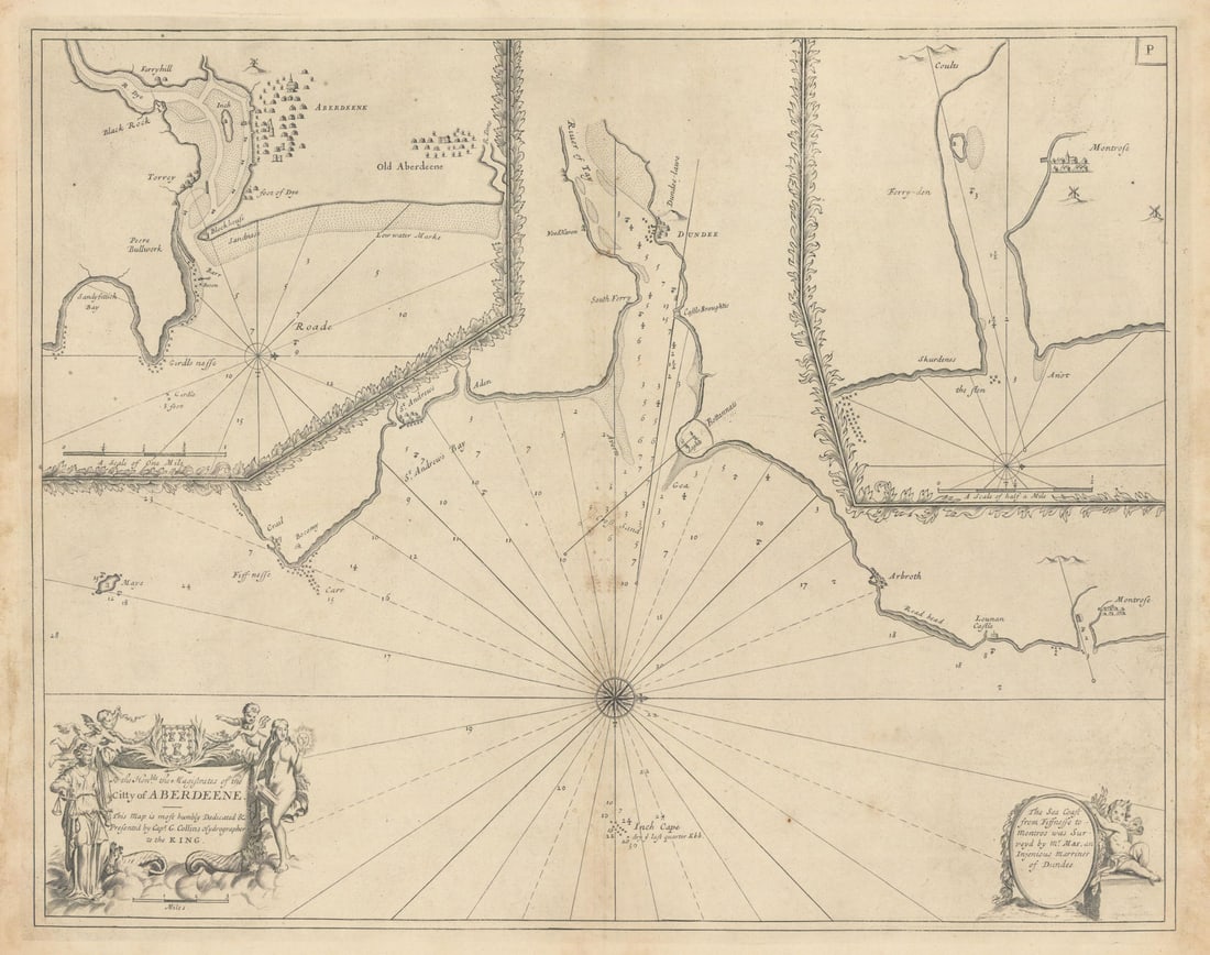 Approaches to ABERDEEN, DUNDEE & MONTROSE sea chart. Tay. COLLINS 1723 old map: City of Aberdeene - To the Honble. The Magistrates of the Citty of Aberdeene. This map is most humbly dedicated & presented by Capt. G. Collins Hydrographer to the King'. This decorative