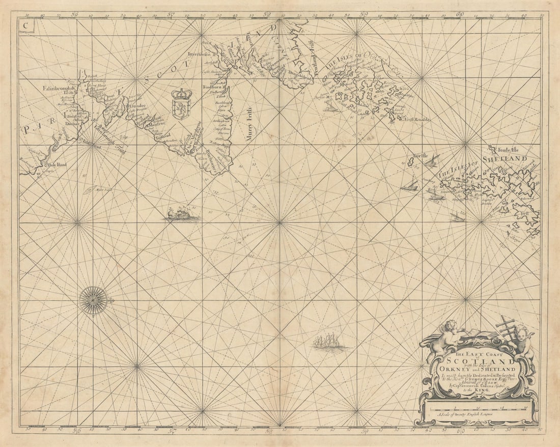East Coast of Scotland, with the Isles of Orkney & Shetland. COLLINS 1723 map: The East Coast of Scotland, with the Isles of Orkney & Shetland - Is most humbly dedicated & presented to the Honble George Rooke Esq Vice Admirall of ye Blew by Capt. Greenvile Collins