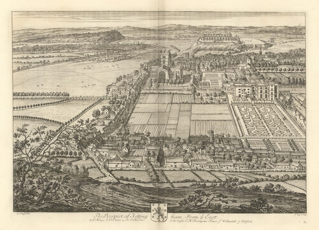 The Prospect of Nottingham from ye East by Kip/Knyff. St. Marys & Castle 1709: [The city of Nottingham from the East] The Prospect of Nottingham from ye East. a: St. Marys b: St. Peters c: St. Nicolas d: the Castle e: Mr Pierreponts House f: Wollatonhall g: Willford. The Prospec