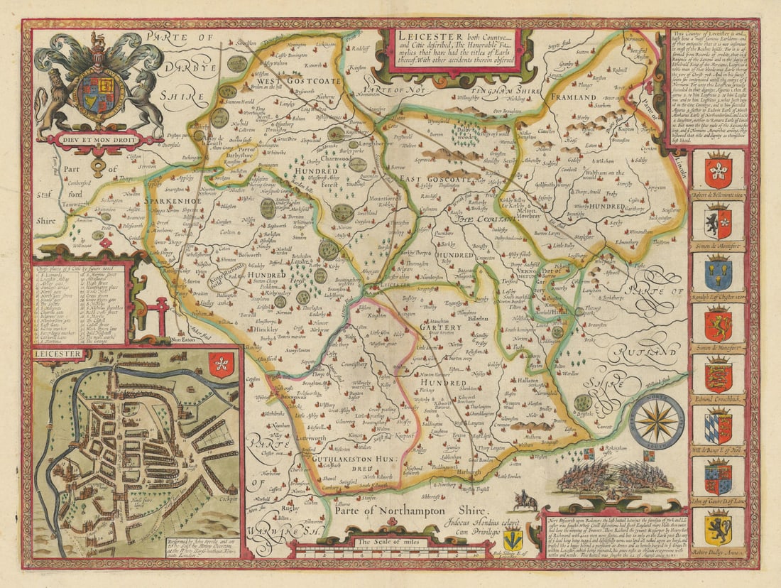 Leicestershire county map by John Speed. Henry Overton edition 1713 old: Leicester both Countye and Citie described, the Honorable Famylies that have had the titles of Earls thereof. With other accidents therein observed'. The map includes an inset plan of the city of Leic
