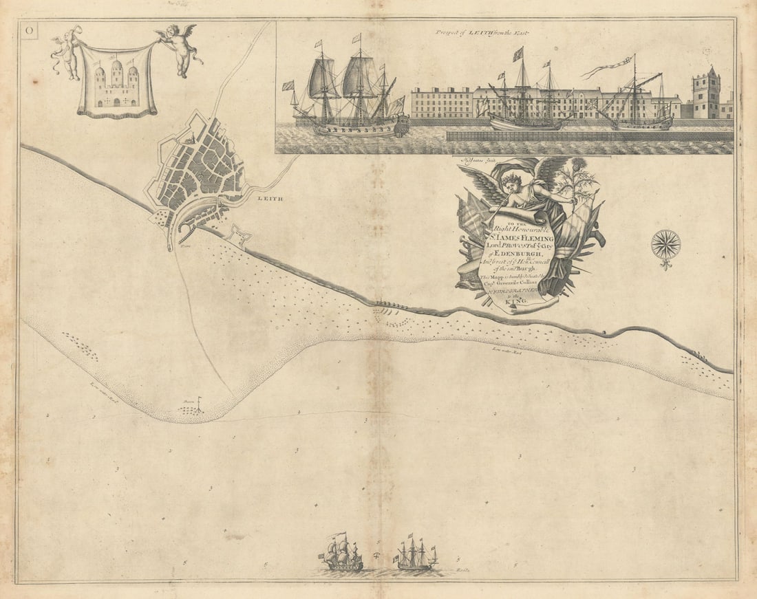 Navigation chart & view of LEITH, by Capt Greenvile COLLINS. Edinburgh 1723 map: [Leith]; Prospect of Leith from the east - To the Right Honourable Sr. James Fleming, Lord Provost of ye City of Edenburgh, and ye rest of ye Honble. Councill of the said Burgh, this mapp is humbly de