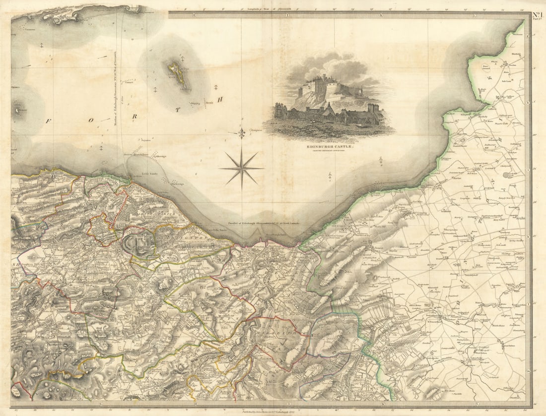 Edinburghshire north-east. Midlothian. Bonnyrigg Musselburgh. THOMSON 1832 map: [Northern part of Edinburghshire - East sheet] // Edinburgh Castle. Places named on the map include: Edinburgh, Bonnyrigg, Musselburgh, Dalkeith, Loanhead . Published by John Thomson. Under the Superi
