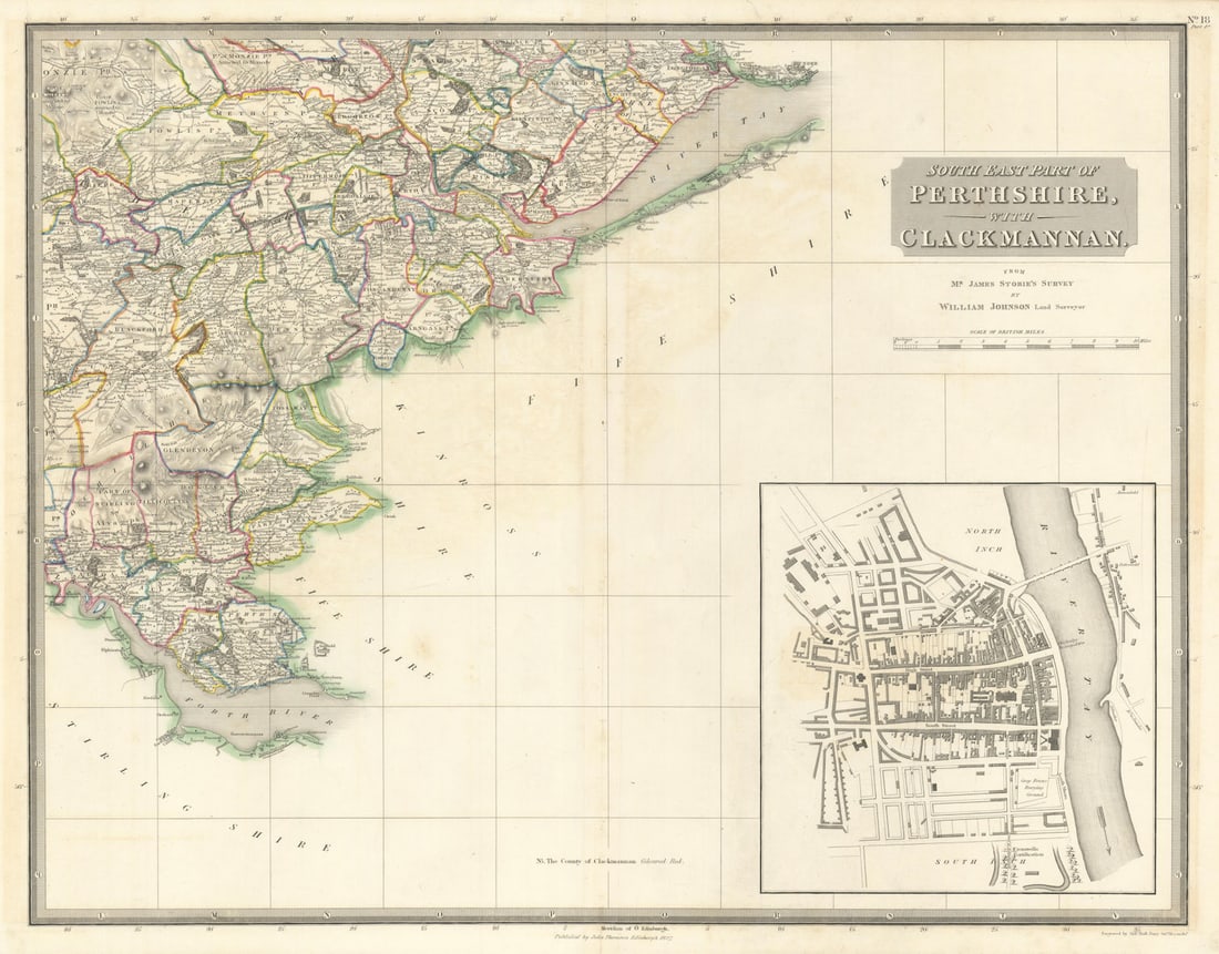 South east Perthshire & Clackmannanshire. Dundee Gleneagles. THOMSON 1832 map: South East part of Perthshire with Clackmannan // [Perth town plan]. Places named on the map include: Perth, Alloa, Scone, Dundee, Crieff, Gleneagles. The following places marked on the map have