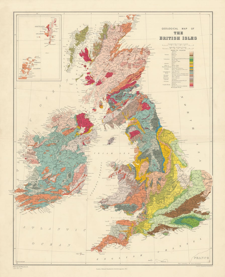 Geological Map of the British Isles. Large 66x53cm. STANFORD 1904 old: Geological Map of the British Isles'. Stanford's Geographical Establishment. Published 1904. Large (folio) antique atlas map. Size 66 x 53 cm | 26.0 x 21.0 inches. Condition: Good; suitable for framin