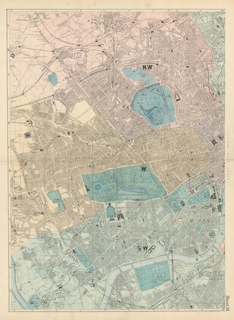 WEST LONDON. Chelsea Westminster Marylebone Notting Hill Camden. BACON 1883 map: (London West Sheet)' by Bacon, George Washington & Co. Published 1883. Hand-coloured antique map. Size 68 x 49 cm | 26.5 x 19.5 inches. Condition: Good; suitable for framing. The image shown may have 