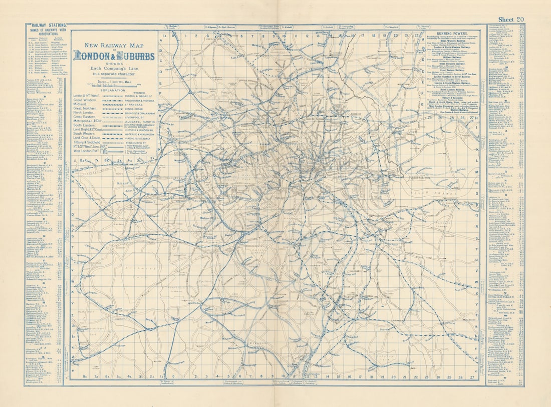 LONDON Rail & Underground Tube map antique map by GW BACON 1883 old: New Railway map of London & suburbs shewing each company's line in a separate character' by Bacon, George Washington & Co. Published 1883. Hand-coloured antique map. Size 48 x 65 cm | 18.5 x 25.5 