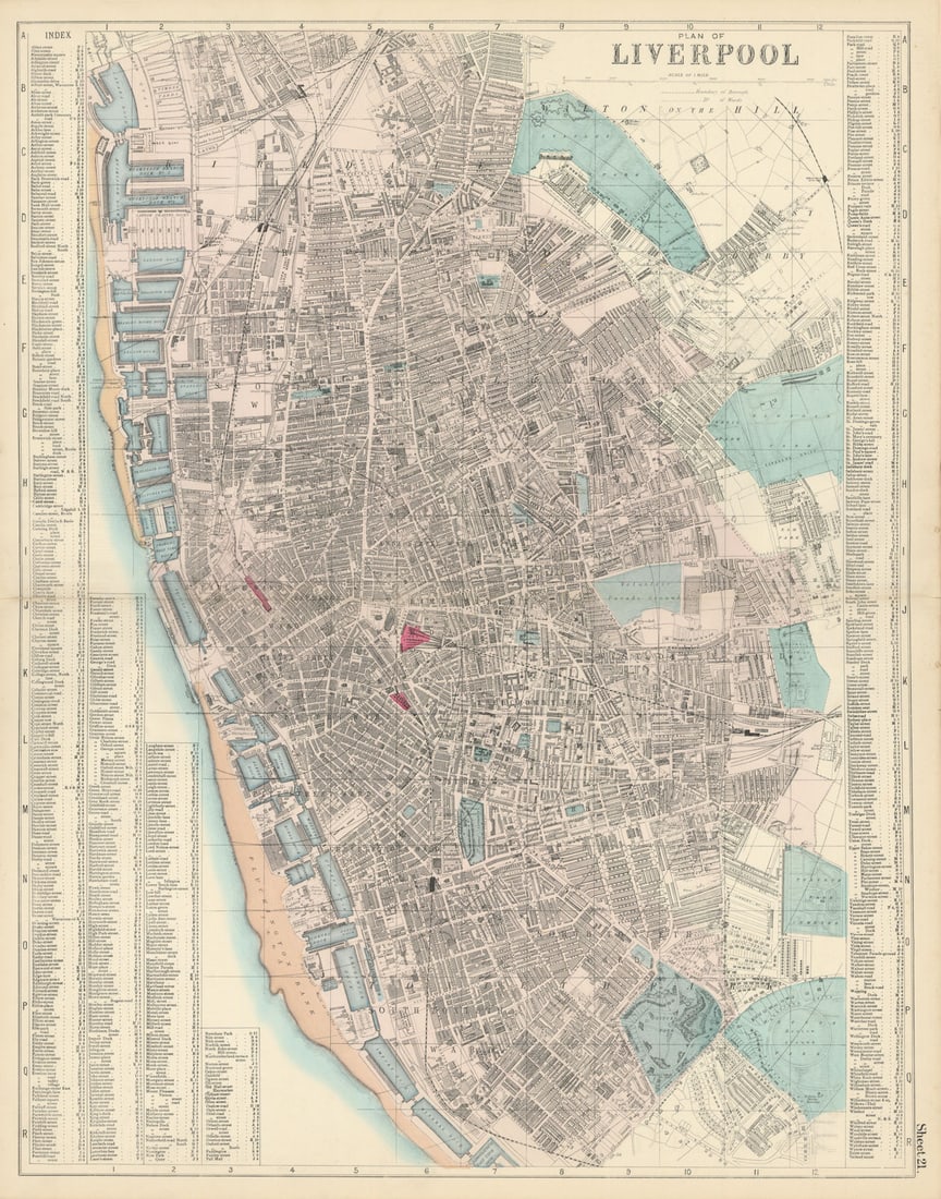 LIVERPOOL Everton Waterfront Vauxhall Toxteth town city plan BACON 1883 map (1 of 1)