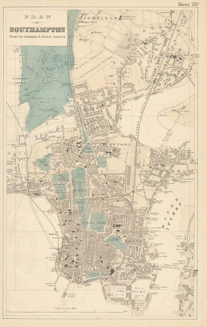 SOUTHAMPTON Northam Portswood antique town city plan by GW BACON 1883 old map: Plan of Southampton' by Bacon, George Washington & Co. Published 1883. Hand-coloured antique map. Size 53 x 34 cm | 21.0 x 13.0 inches. Condition: Good; suitable for framing. The image shown may have 