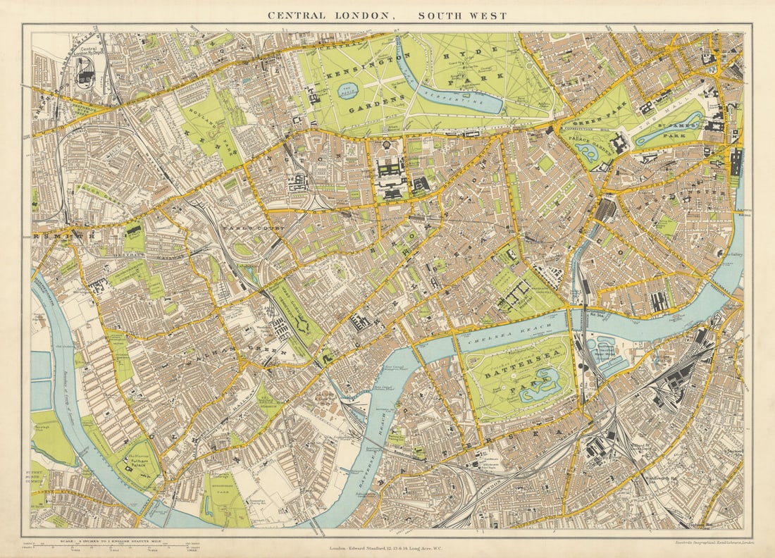 Central London S.W. Battersea Chelsea Kensington Westminster. STANFORD 1904 map: Central London, South West'. Stanford's Geographical Establishment. Published 1904. Large (folio) antique atlas map. Size 37 x 51 cm | 14.5 x 20.0 inches. Condition: Good; suitable for framing. The im