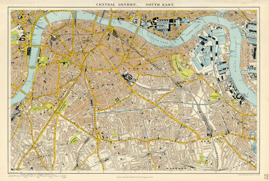 Central London S.E. Southwark Bermondsey Camberwell Deptford. STANFORD 1904 map: Central London, South East'. Stanford's Geographical Establishment. Published 1904. Large (folio) antique atlas map. Size 37 x 53 cm | 14.5 x 21.0 inches. Condition: Good; suitable for framing. The im