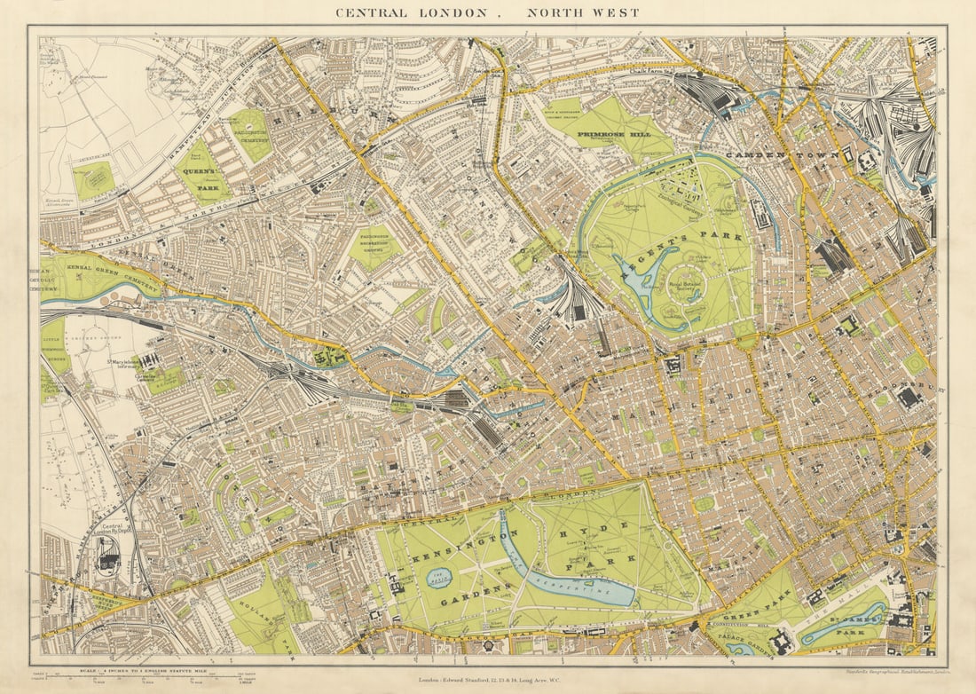 Central London N.W. Camden Marylebone Mayfair Notting Hill. STANFORD 1904 map: Central London, North West'. Stanford's Geographical Establishment. Published 1904. Large (folio) antique atlas map. Size 36 x 51 cm | 14.0 x 20.0 inches. Condition: Good; suitable for framing. The im