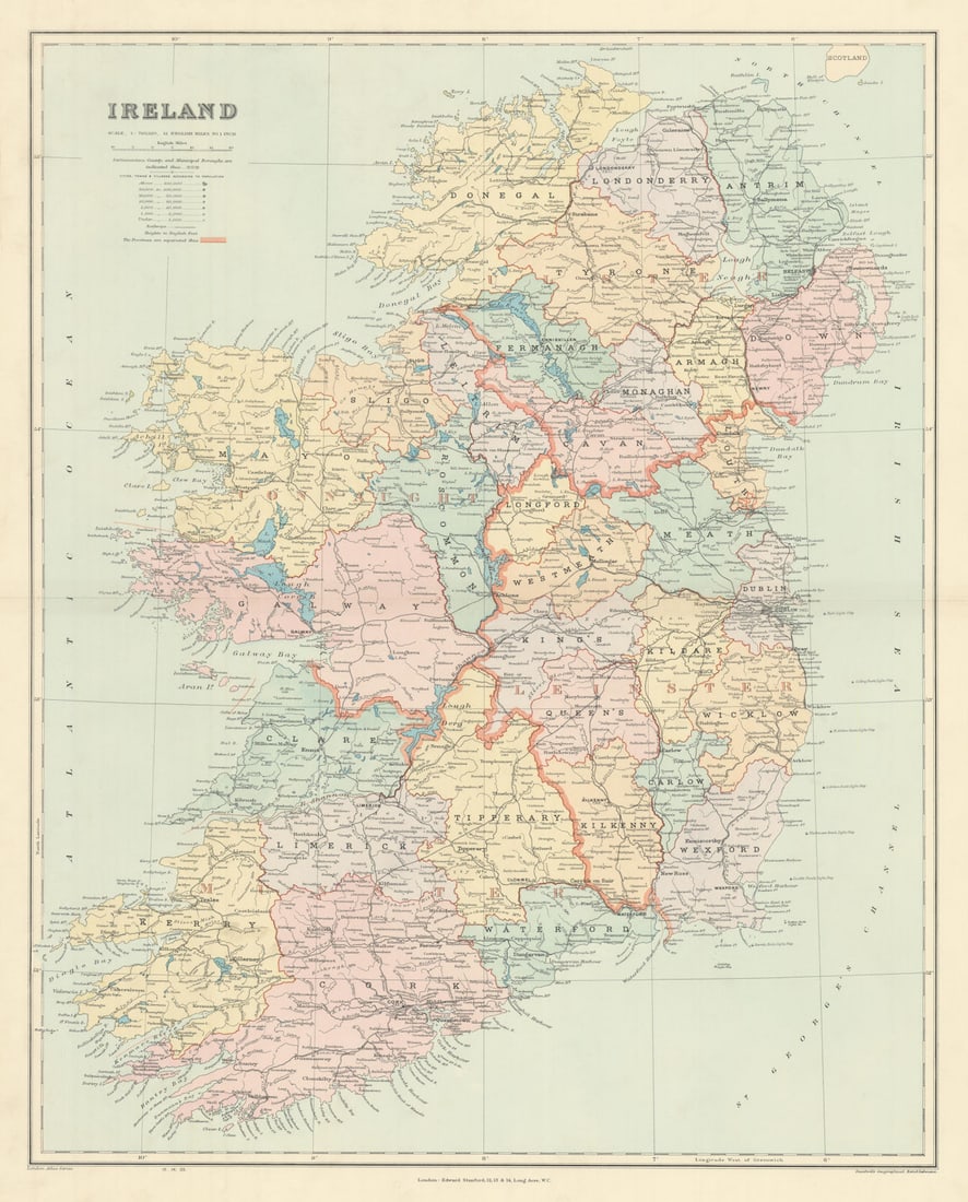Ireland. Counties, railways & provinces. Large 64x52cm. STANFORD 1904 old map (1 of 1)